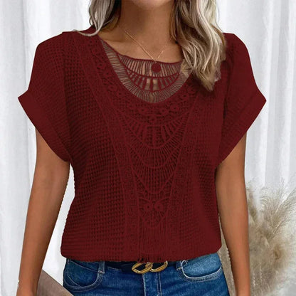 Women's knit short-sleeve top with round-neck and crochet yoke detail – Red