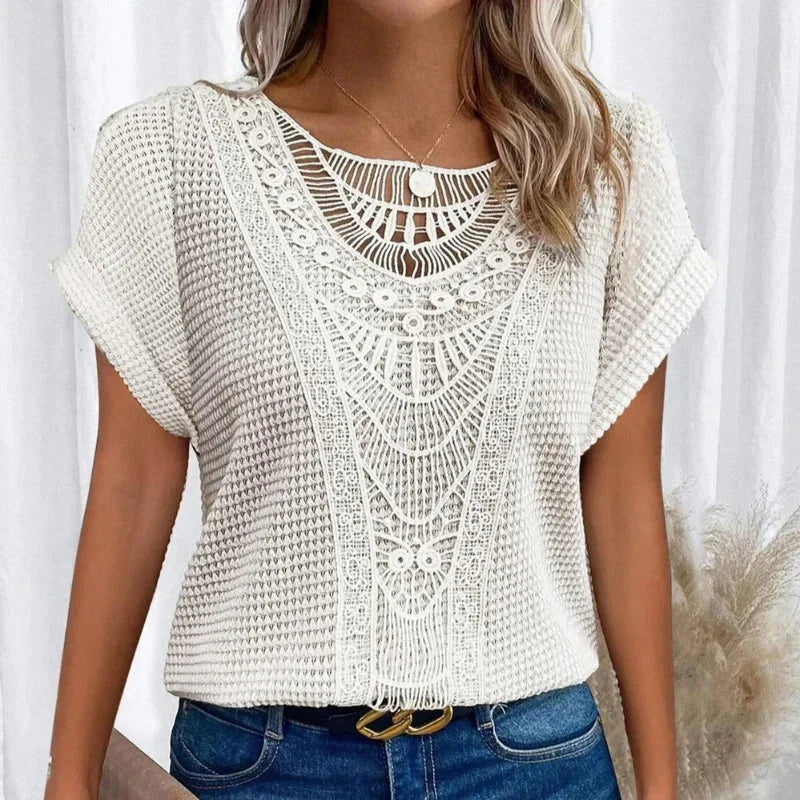 Women's knit short-sleeve top with round-neck and crochet yoke detail – White