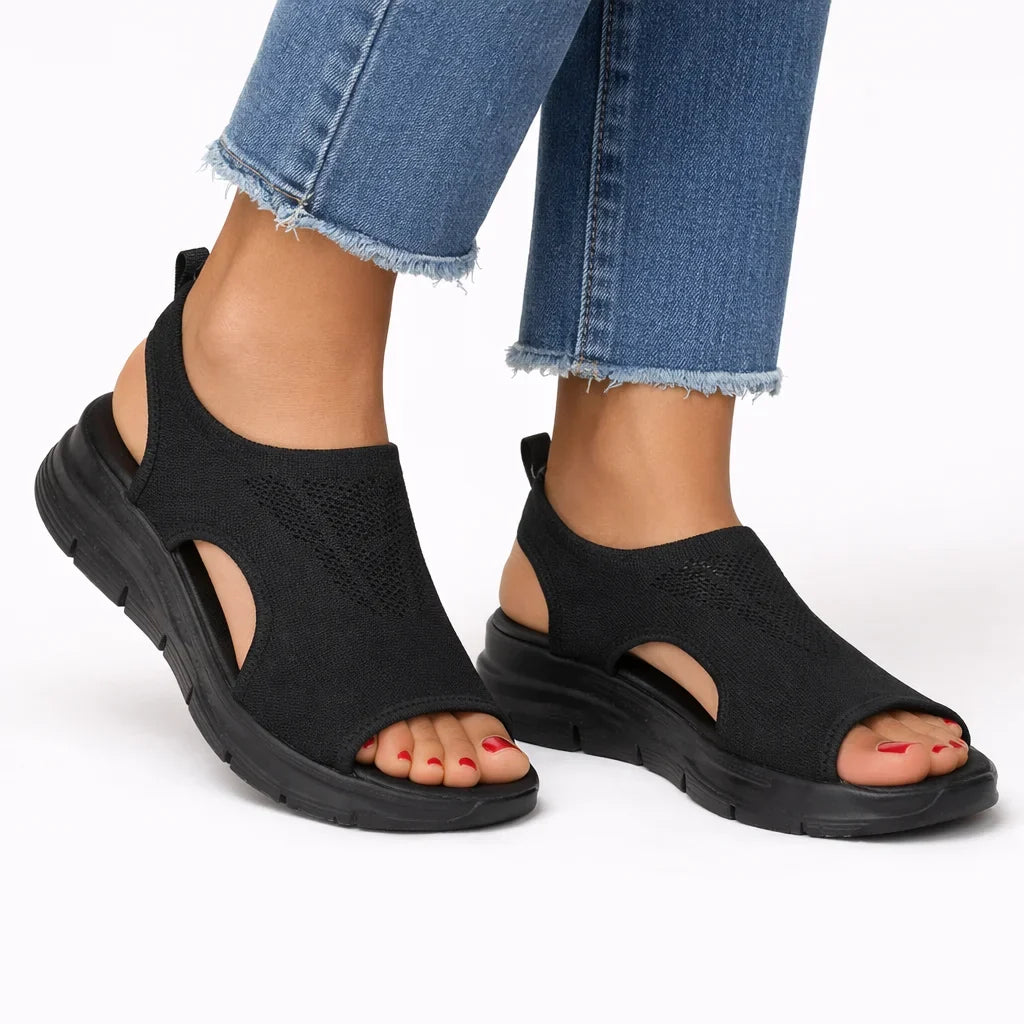 Women's knit slip-on walking sandals with thick-sole and cut-out design – Black