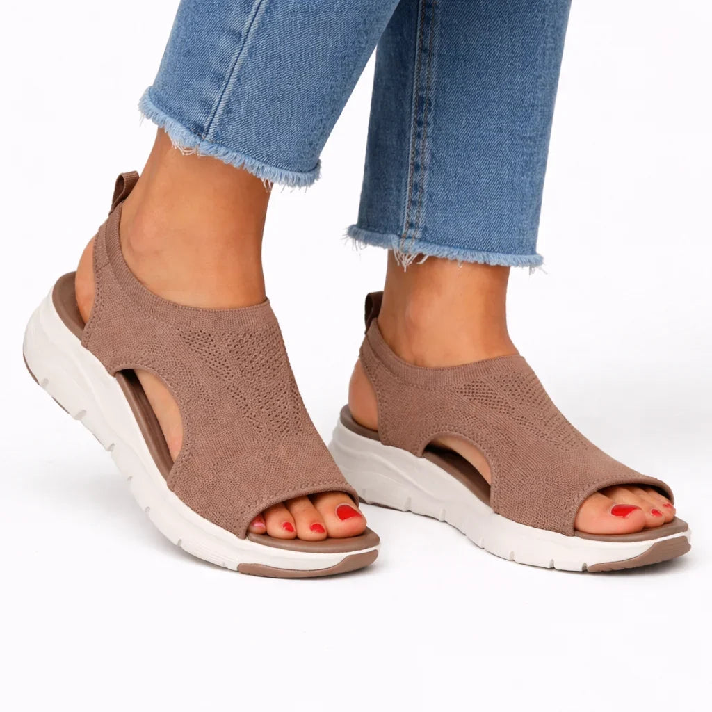 Women's knit slip-on walking sandals with thick-sole and cut-out design – Brown