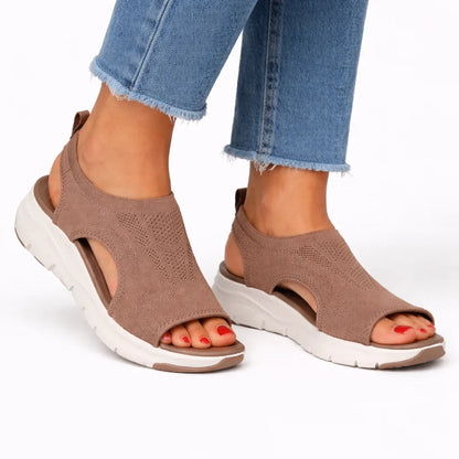 Women's knit slip-on walking sandals with thick-sole and cut-out design – Brown