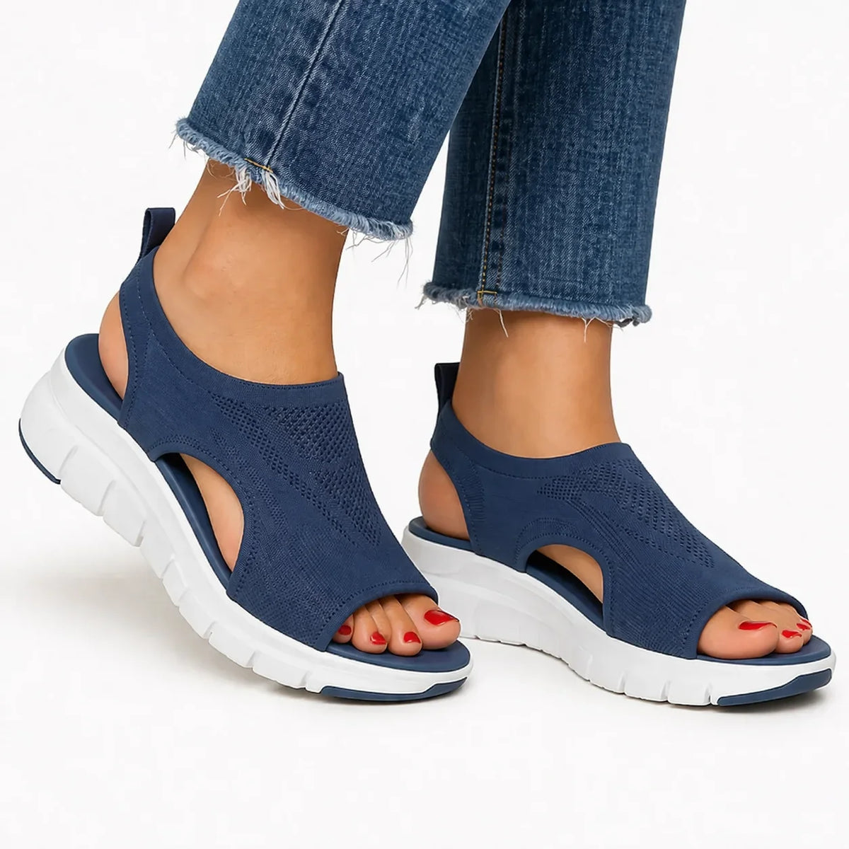 Women's knit slip-on walking sandals with thick-sole and cut-out design – Navy