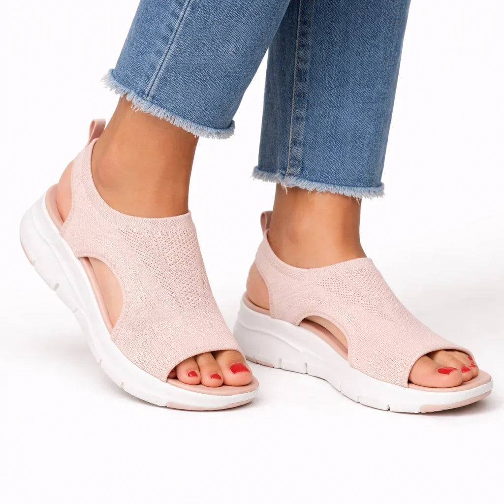Women's knit slip-on walking sandals with thick-sole and cut-out design – Pink