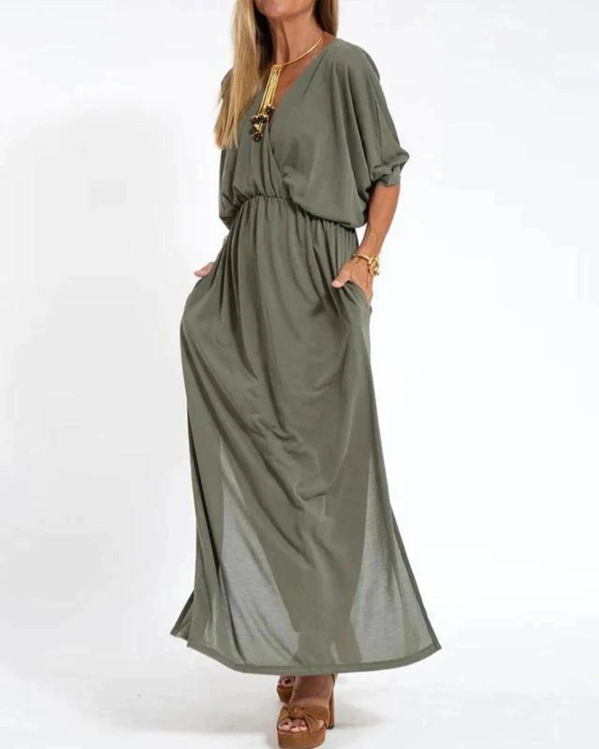 Women's knit solid maxi dress with V-neck dolman sleeves and pockets – Army Green