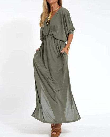 Women's knit solid maxi dress with V-neck dolman sleeves and pockets – Army Green