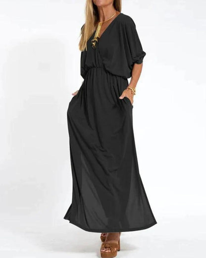 Women's knit solid maxi dress with V-neck dolman sleeves and pockets – Black