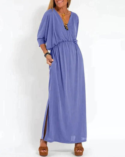 Women's knit solid maxi dress with V-neck dolman sleeves and pockets – Blue