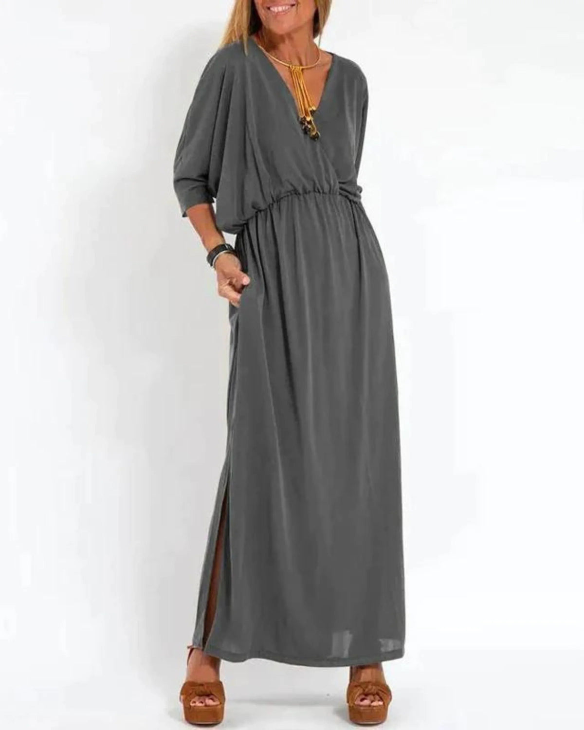 Women's knit solid maxi dress with V-neck dolman sleeves and pockets – Grey