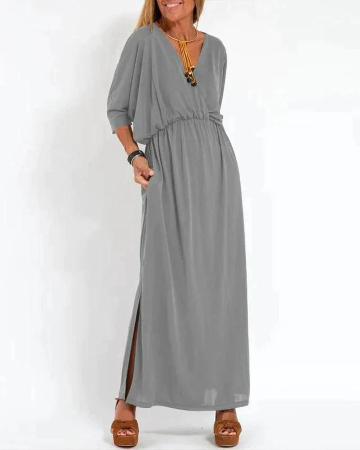 Women's knit solid maxi dress with V-neck dolman sleeves and pockets – Light Grey