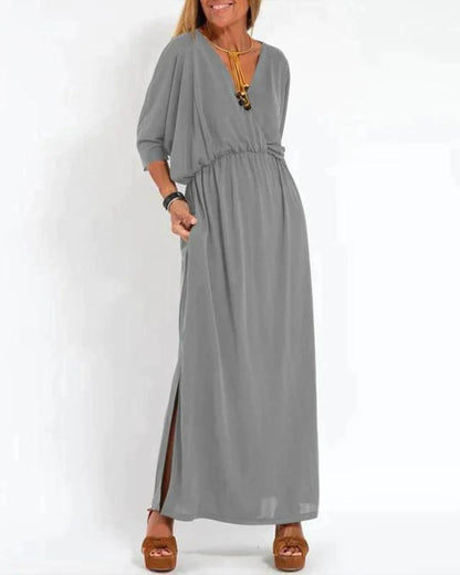 Women's knit solid maxi dress with V-neck dolman sleeves and pockets – Light Grey