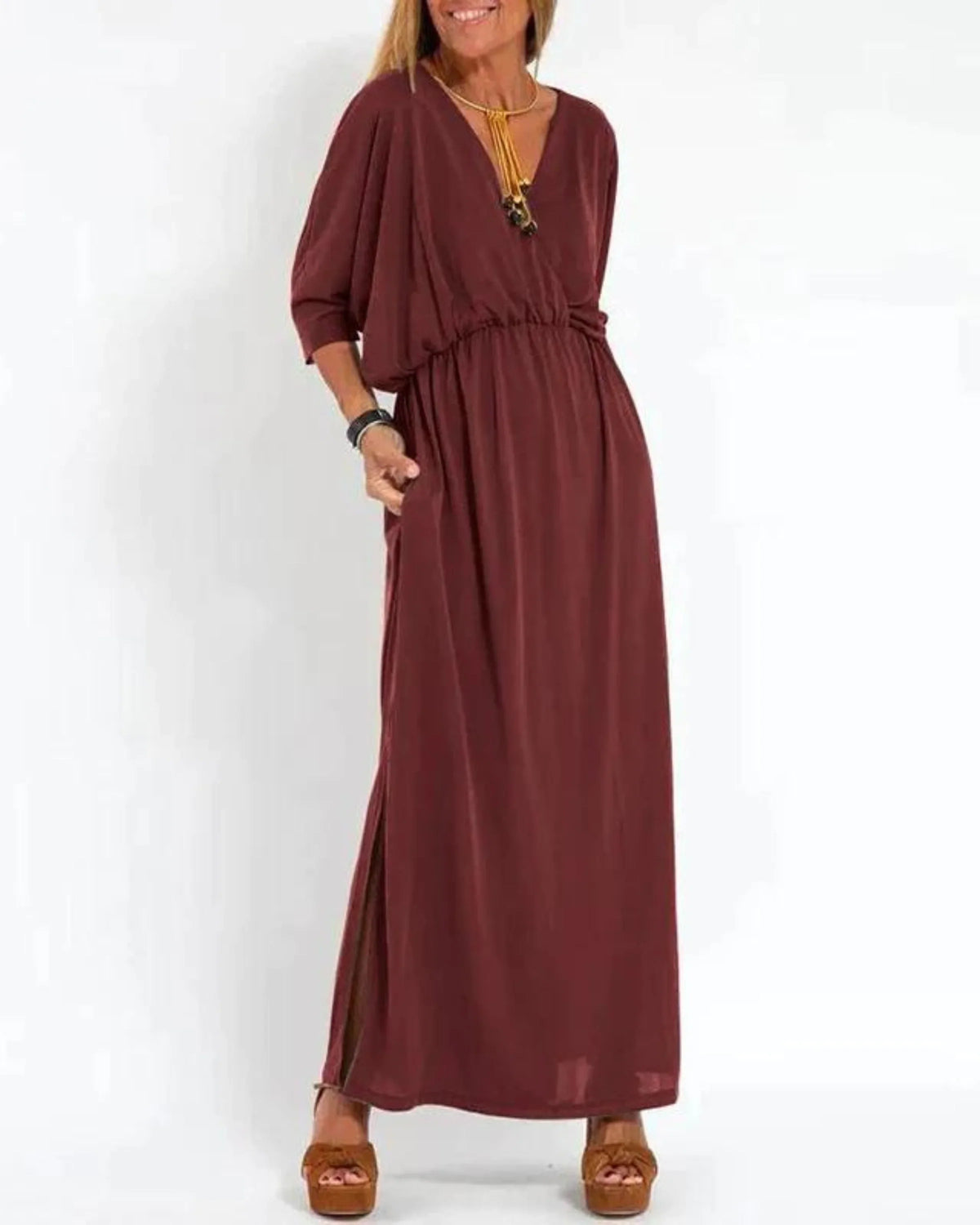 Women's knit solid maxi dress with V-neck dolman sleeves and pockets – Red