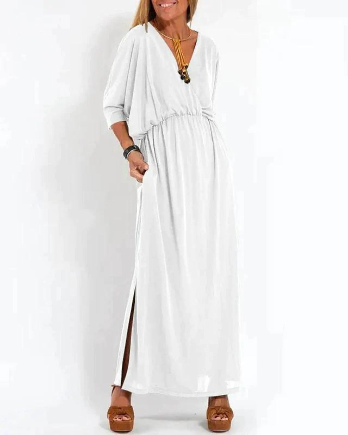 Women's knit solid maxi dress with V-neck dolman sleeves and pockets – White