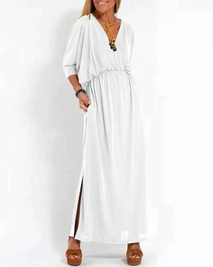 Women's knit solid maxi dress with V-neck dolman sleeves and pockets – White