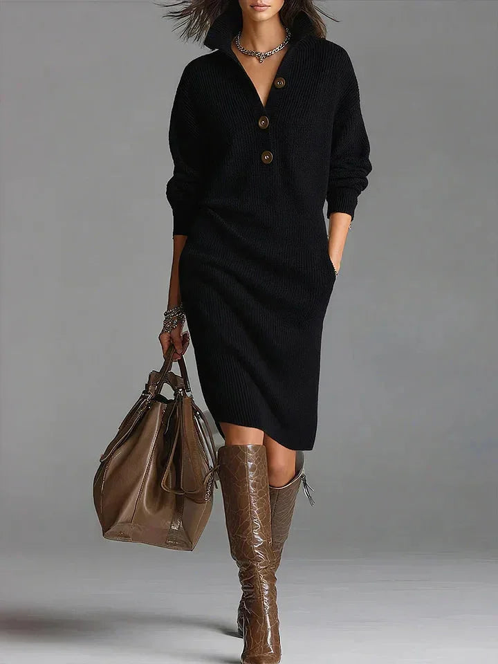 Women's knit sweater midi dress with collared button-front long sleeves – Black