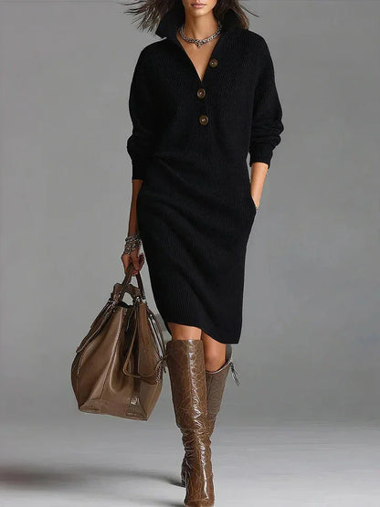 Women's knit sweater midi dress with collared button-front long sleeves – Black