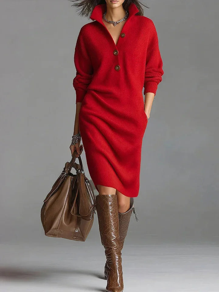 Women's knit sweater midi dress with collared button-front long sleeves – Red