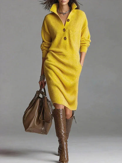 Women's knit sweater midi dress with collared button-front long sleeves – Yellow