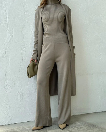 Women's knit three-piece set with long open-front cardigan and wide-leg trousers