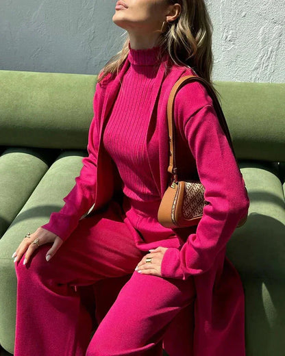 Women's knit three-piece set with long open-front cardigan and wide-leg trousers