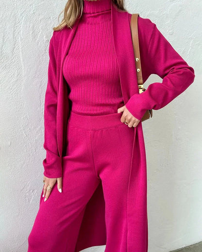 Women's knit three-piece set with long open-front cardigan and wide-leg trousers