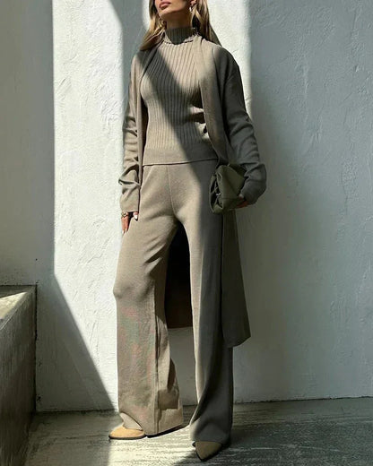 Women's knit three-piece set with long open-front cardigan and wide-leg trousers