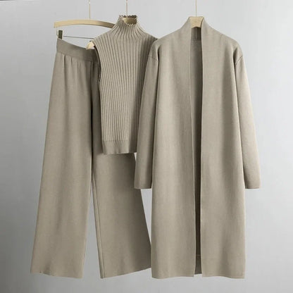 Women's knit three-piece set with long open-front cardigan and wide-leg trousers – Beige