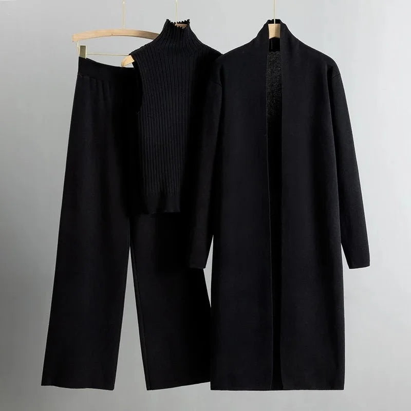 Women's knit three-piece set with long open-front cardigan and wide-leg trousers – Black