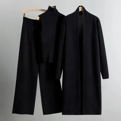 Women's knit three-piece set with long open-front cardigan and wide-leg trousers – Black