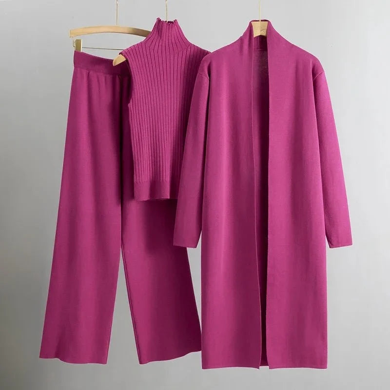 Women's knit three-piece set with long open-front cardigan and wide-leg trousers – Pink