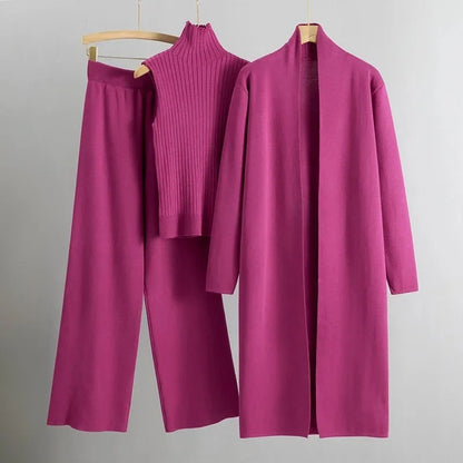 Women's knit three-piece set with long open-front cardigan and wide-leg trousers – Pink