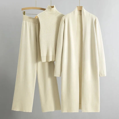 Women's knit three-piece set with long open-front cardigan and wide-leg trousers – White