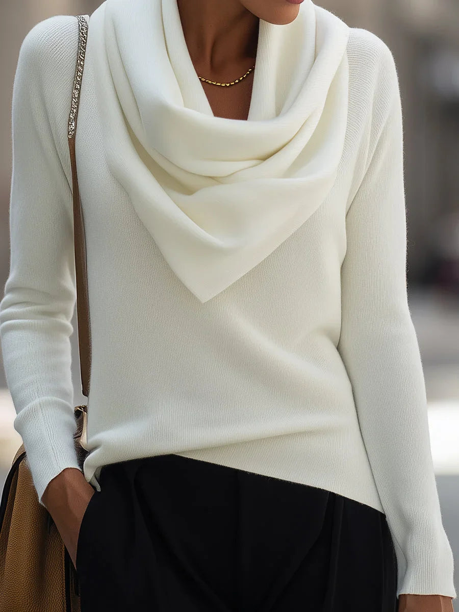 Women's knit top with draped cowl neck and long-sleeve design