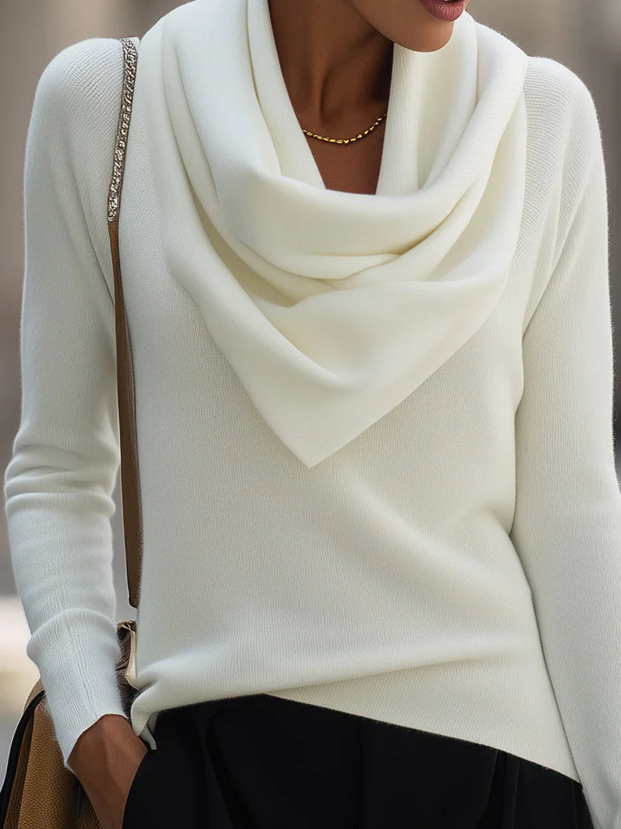 Women's knit top with draped cowl neck and long-sleeve design