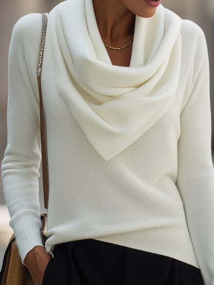 Women's knit top with draped cowl neck and long-sleeve design