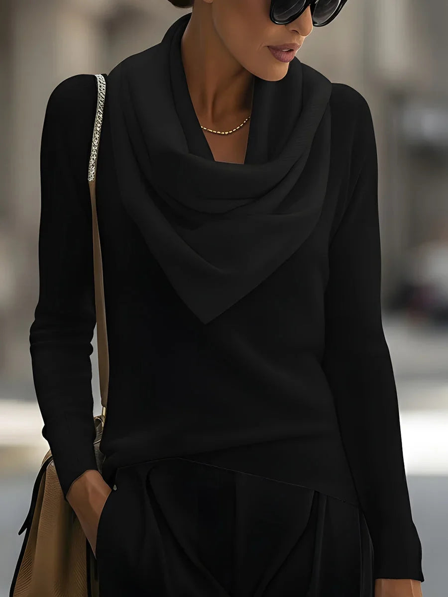 Women's knit top with draped cowl neck and long-sleeve design – Black