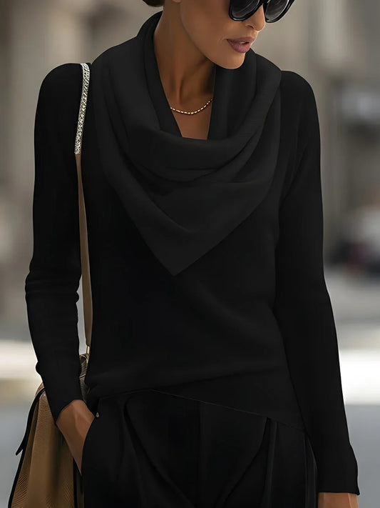 Women's knit top with draped cowl neck and long-sleeve design – Black