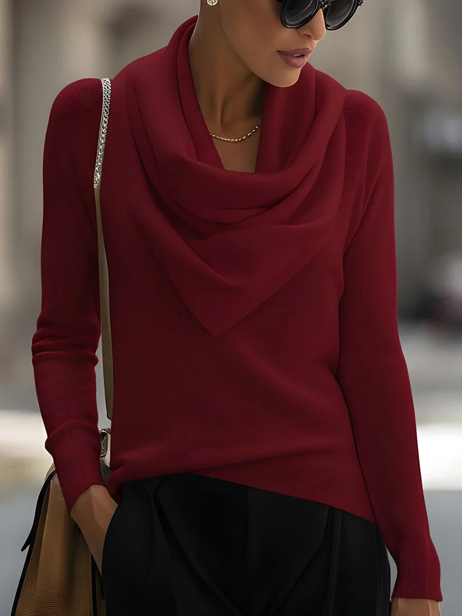Women's knit top with draped cowl neck and long-sleeve design – Burgundy