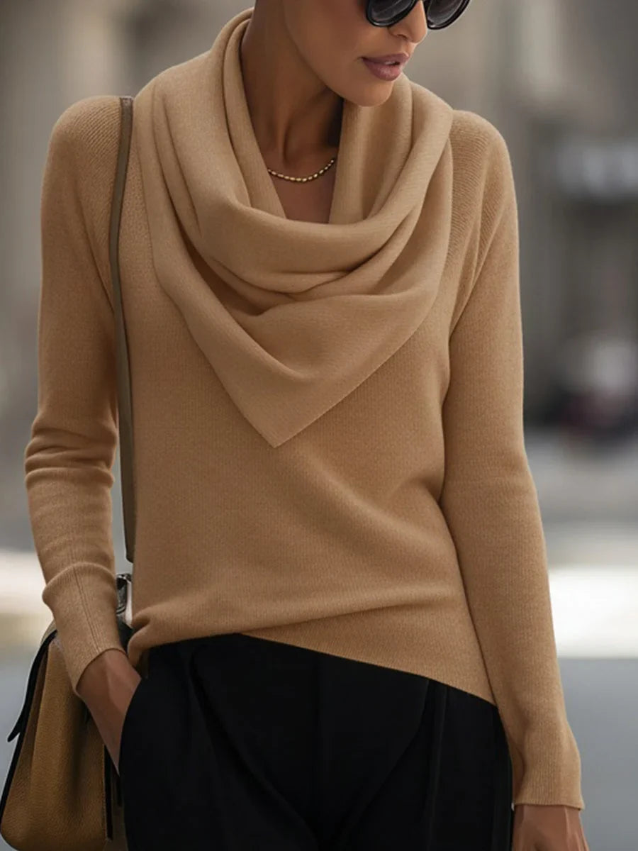Women's knit top with draped cowl neck and long-sleeve design – Camel