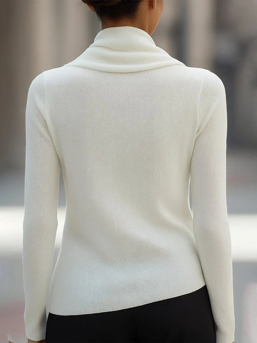 Women's knit top with draped cowl neck and long-sleeve design