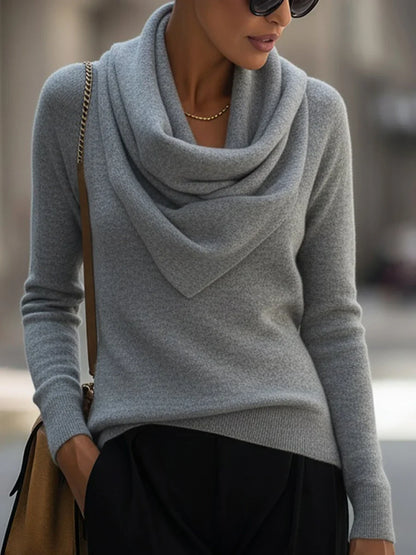 Women's knit top with draped cowl neck and long-sleeve design – Grey
