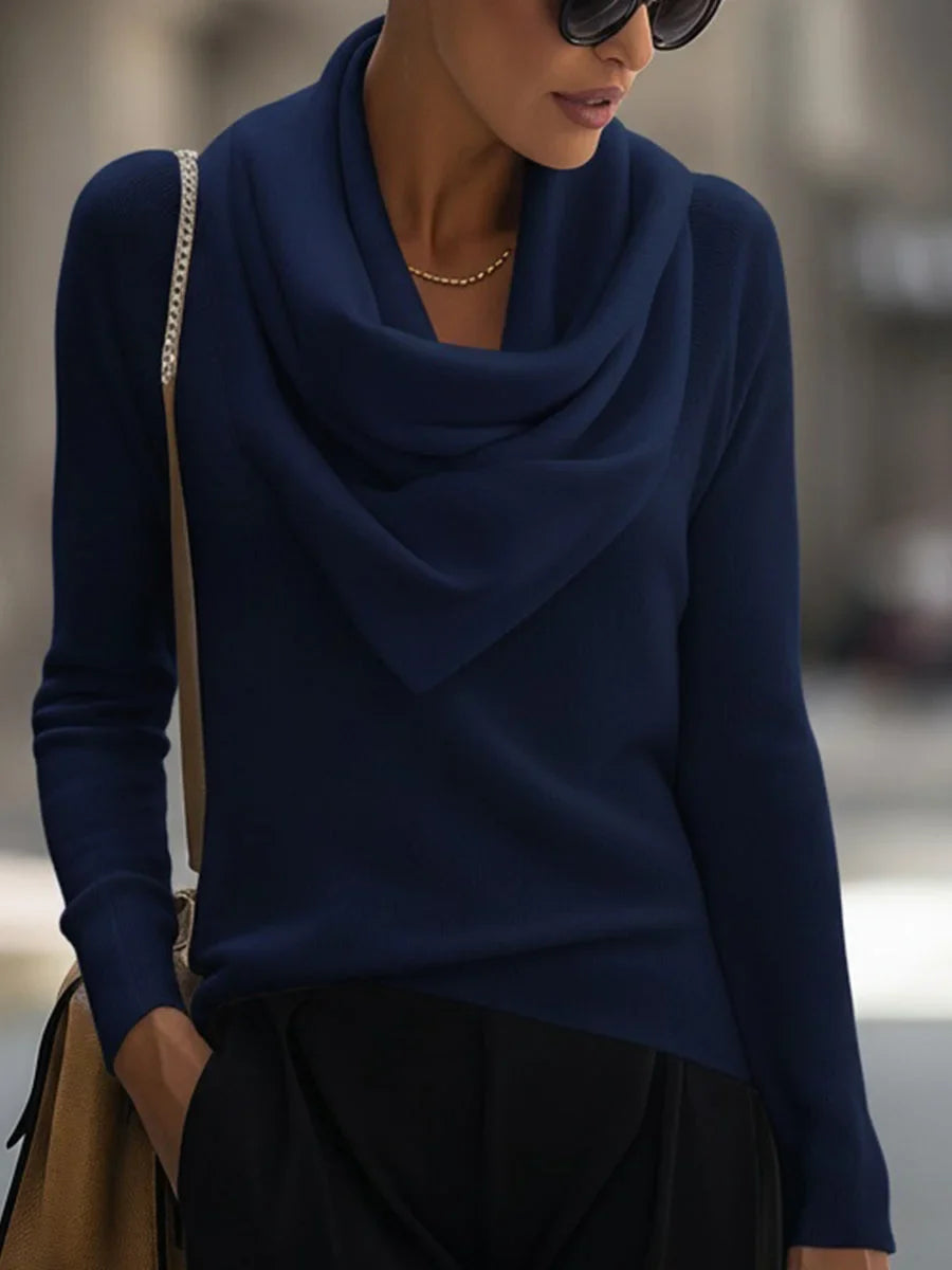 Women's knit top with draped cowl neck and long-sleeve design – Navy Blue