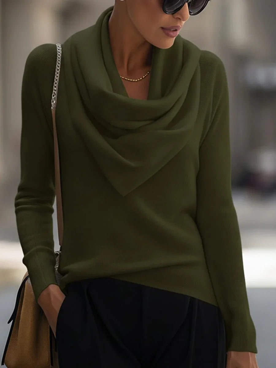 Women's knit top with draped cowl neck and long-sleeve design – Olive Green