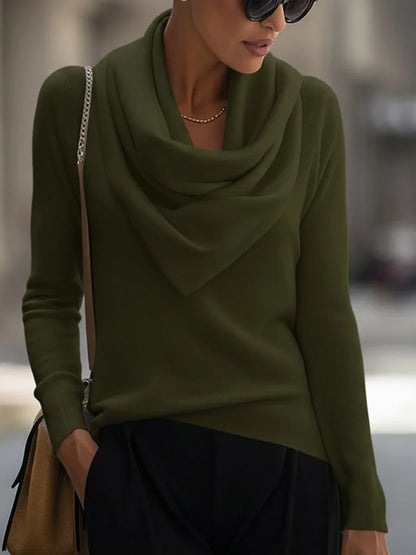 Women's knit top with draped cowl neck and long-sleeve design – Olive Green
