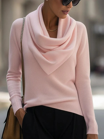 Women's knit top with draped cowl neck and long-sleeve design – Pink