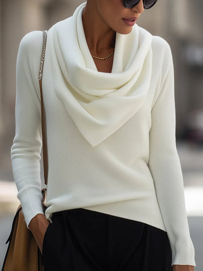 Women's knit top with draped cowl neck and long-sleeve design – White