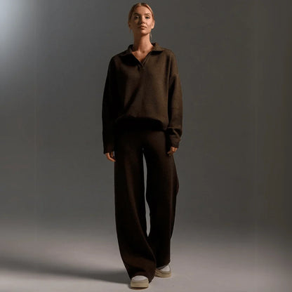 Women's knit tracksuit with polo-neck knit sweater and wide-leg trousers – Brown