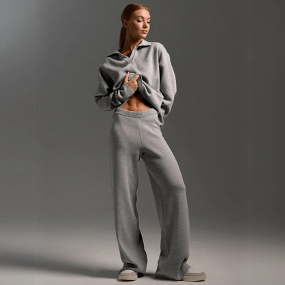 Women's knit tracksuit with polo-neck knit sweater and wide-leg trousers – Grey