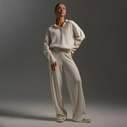 Women's knit tracksuit with polo-neck knit sweater and wide-leg trousers – White