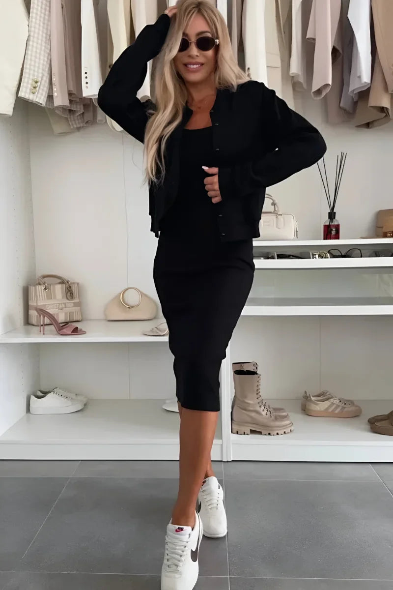 Women's knit two-piece square-neck midi dress and bomber cardigan set