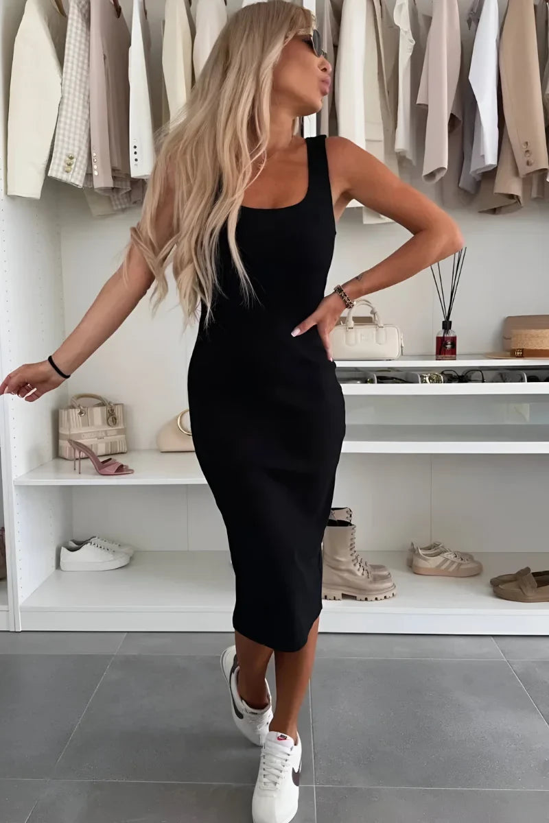 Women's knit two-piece square-neck midi dress and bomber cardigan set – Black